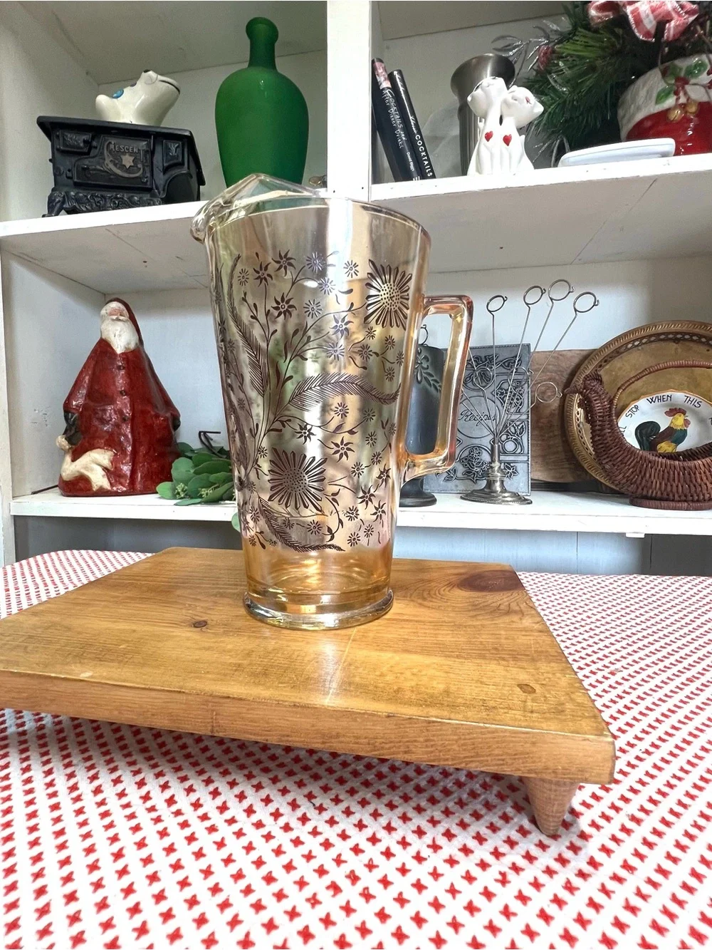 Vintage pitcher peach luster iridescent brown decor grandma core glass